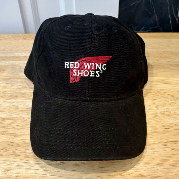 Red Wings Shoes Boots Logo Black Embroidered Adjustable Advertisement Cap Hat - Picture 1 of 10